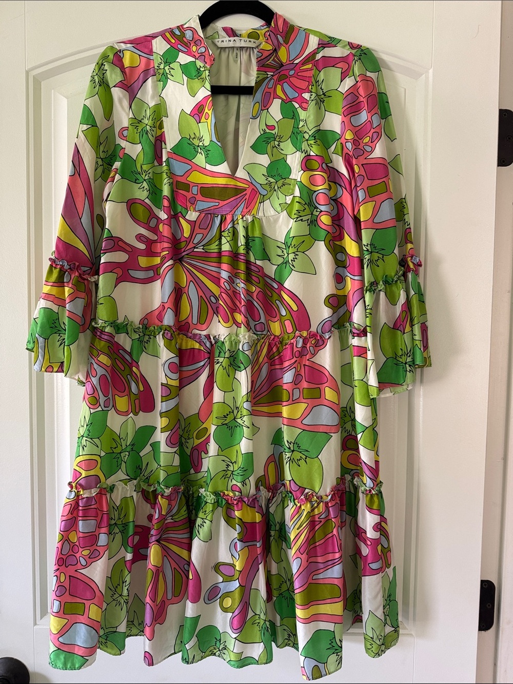 Trina Turk Pink, Green & White Floral-Print Tiered Mini Dress